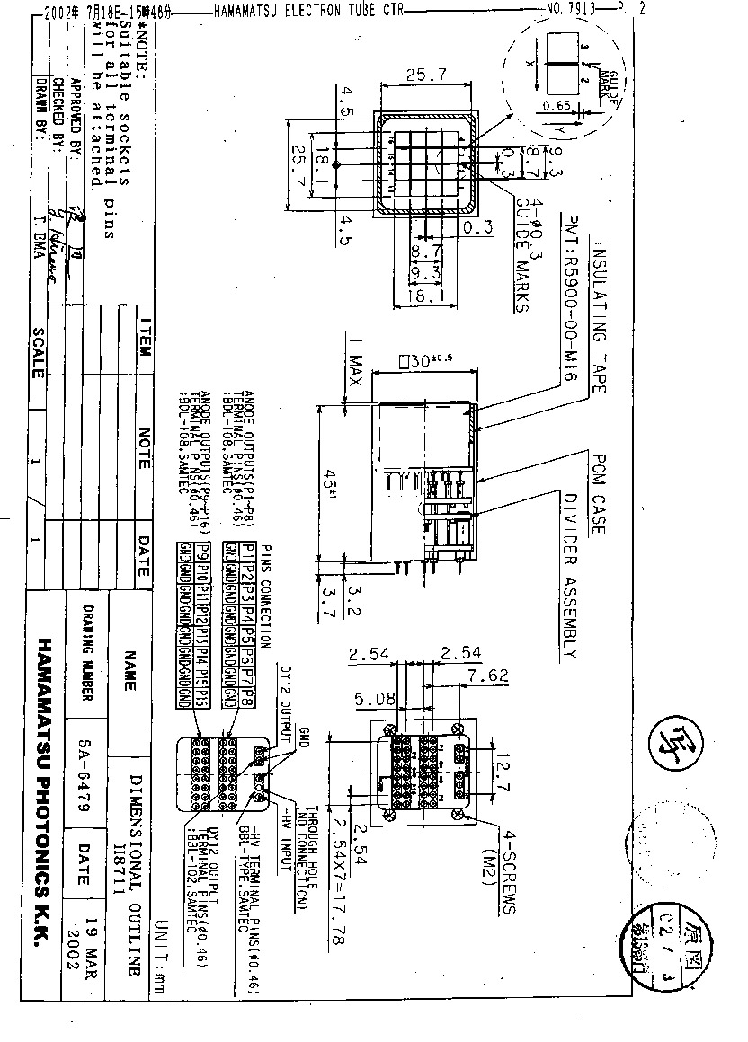 H8711 drawings : 1 - 2 (HV is also a pin), 3 - 4 (HV coax cable)